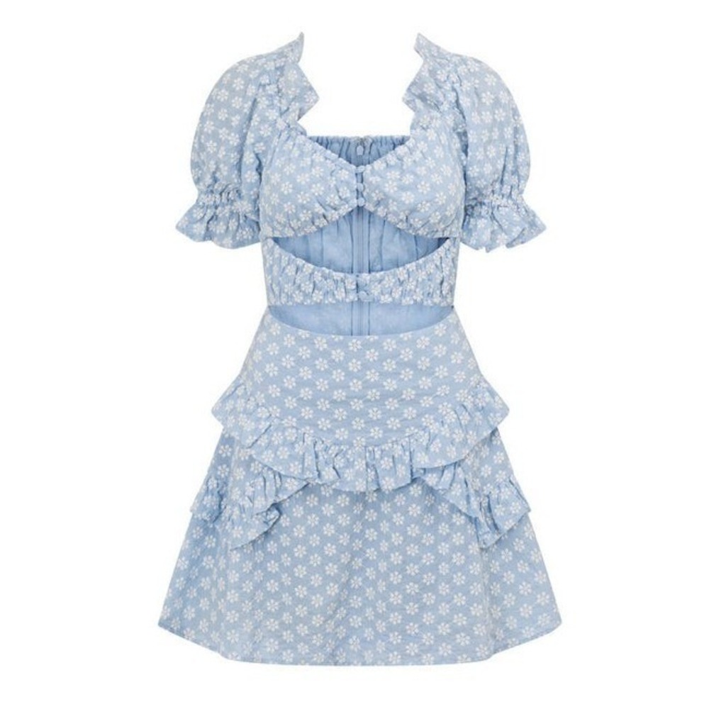 Sabo Jaycee Dress Floral Ruffle Mini Dress Blue White Coquette Cottagecore XS